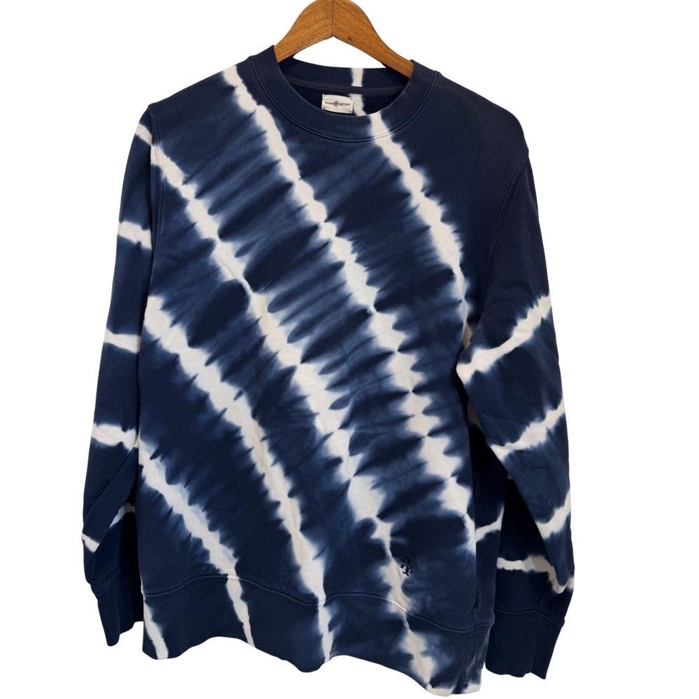 Tory Burch Sport Navy Blue White Tie Dye French Terry Crewneck Sweatshirt Large